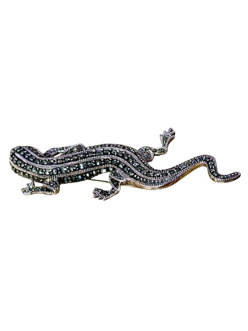 Vintage Signed 925 Lizard Gecko Brooch Pin Marcasite Garnet Eyes Textured 3" 13g - Picture 5 of 10